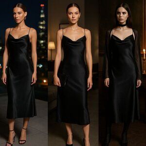 Bebe Women Black Satin Slip Dress L Cowl Neck Night Luxe Quiet Luxury Whimsygoth